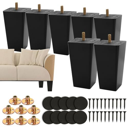 LOPYXBR 8 stycken möbelfötter i trä 10 cm, svarta Furniture Legs, möbelfötter i trä med förborrade M8 bultar, monteringsplattor, gummipads och skruvar för soffa, säng, skåp, soffa, ottoman