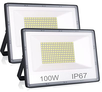 ANNIFUNLY Proiettore LED per esterni, 100 W, 10000 lm, faretto 6500 K, bianco freddo, IP67, impermeabile, per giardino, garage, patio, officina, 2 pezzi