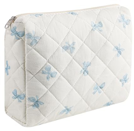 HHQQWZ Large Quilted Cotton Makeup Bag Cosmetic Bag for Women, Cute Large Floral Cotton Travel Cosmetic Bag, Zipper Toiletry Bag Makeup Organizer Storage Bag (Blue Bow Tie)