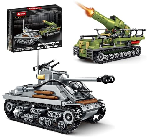 Sosuy WW2 Klemmbausteine Panzer-Set für Jungen Männer, 1:32 Beweglicher Sherman & Karl-Gerät Mörser Militärspielzeug für Kinder 8+, Mini-Kanonenfahrzeug Weihnachten Geschenke 1117+ Teile