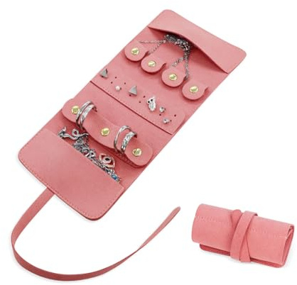 AdiStylinno Rotoli per gioielli da donna, piccolo organizer pieghevole da viaggio, facile da riporre gioielli, borsa per gioielli alla moda, organizer per collane, anelli, orecchini (rosa)