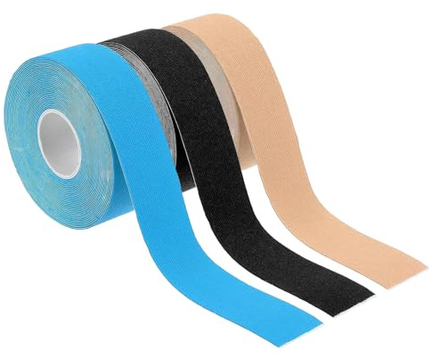 3 Rotoli Tape Kinesiologico, 5m x 2.5cm Elastica Kinesio Taping, Tape sportivo impermeabile per sport e vita quotidiana (Nero, azzurro, carnagione)