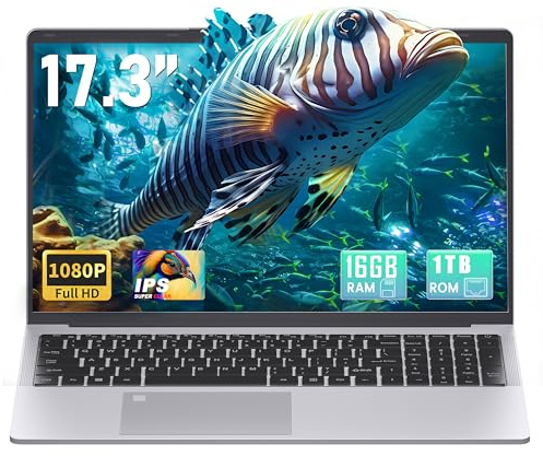 Fsjun 17,3 Zoll Laptop FHD IPS with Quad-Core N5095, 16GB RAM, 1TB SSD, Fingerabdrucksensor, beleuchtete Tastatur, HDMI, WLAN, Bluetooth, Silber Notebook für Büro, Zuhause, Studenten, Business