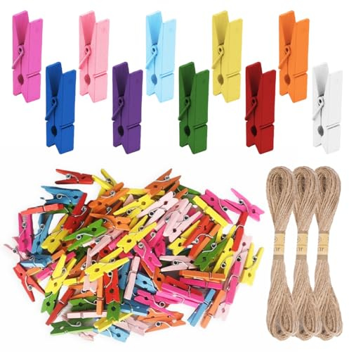 Rairsky 250 Mini Pinzas Madera Color 3,5cm + 30m Cuerda Yute