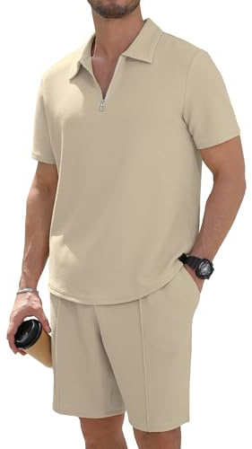 Anelune Mens Shorts and T shirts Sets, 2 Piece Tracksuit, Khaki, XXL