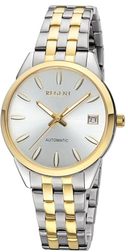 REGENT Reloj automático para mujer, acero inoxidable IPG bicolor, esfera plateada, 5 bar, 35 mm F-1665