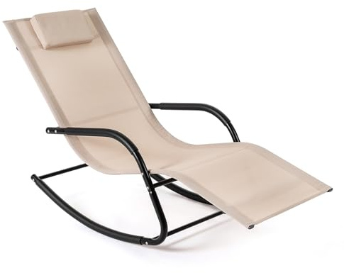 COSTWAY Lettino Prendisole a Dondolo da Esterno, Sedia a Sdraio da Giardino con Poggiatesta Rimovibile, Tessuto Traspirante, Sedia a Dondolo per Balcone Piscina Terrazzo, Portata 160 kg (Beige)