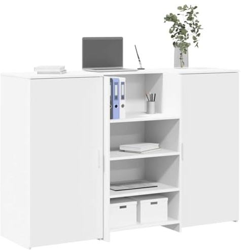 WEMYUFURN Bancone per ricevimento, bianco, 155 x 50 x 103,5 cm, in legno con bancone integrato, molto spazio e design discreto per ufficio, hotel o clinica