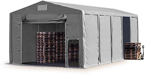 TOOLPORT Lagerzelt Industriezelt 8x10 m Zelthalle mit 3,6m Seitenhöhe PVC Plane 850 N grau wasserdicht Ganzjahreszelt mit Hochziehtor