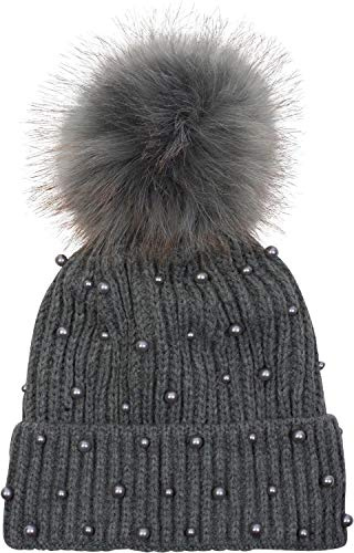 styleBREAKER Gorro de Mujer de Punto con pompón y Forro Polar, Gorro de Invierno con pompón de Pelo 04024155, Color:Gris