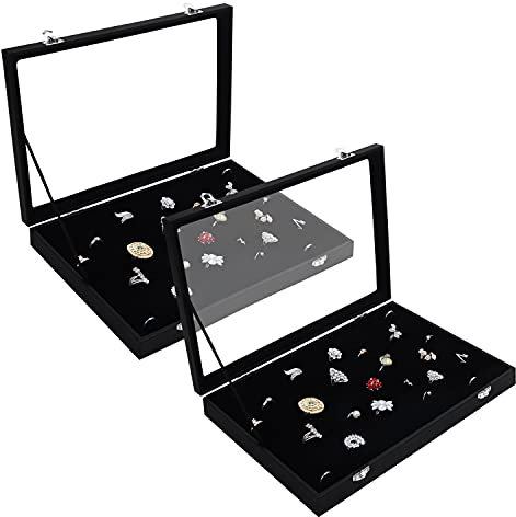 Kurtzy Pack de 2 Bandeja Organizador de Joyas Terciopelo Negro Organizador Anillos 100 Ranuras con Tapa – Joyero Pendientes con Tapa de Cristal Transparente para Anillos y Gemelos