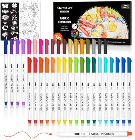 Shuttle Art 36 farbige Textilstifte, waschmaschinenfestes Textilstiftset mit 11 Vorlagen und 1 leeren Leinwand, Textilmarker, auf T-Shirts, Beutel, Kleidung, Sportschuhen, Jeans zur Verwendung