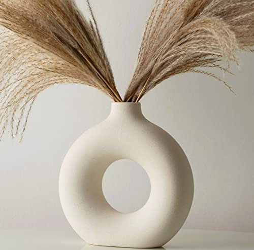 White Donut Vase Ceramic For Flowers Dried Pampas Grass, Home Decor Accessories Living Room, Decorative Aesthetic Boho BedRoom Decor Ornaments