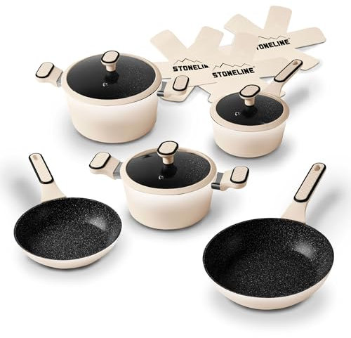 STONELINE Batería de Cocina 11 Piezas 18/20/24 cm Juego de Sartenes y Ollas con Tapa, Olla Sartén Inducción, Antiadherente con Partículas de Piedra Reales, Todo Tipo Cocinas, Color: Crema