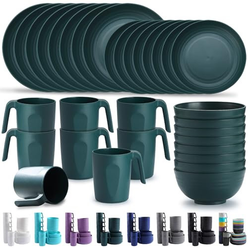 Kyraton Assiettes Service de Table plastique 32 PCS Service pour 8, réutilisable Assiettes légères Tasses Bols Vaisselle facile à transporter et à nettoyer Cuire au micro-ondes BPA sans lave-vaisselle