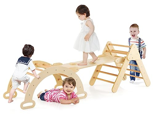GYMAX 4 in 1 Set Arrampicata per Bambini con Scivolo,Triangolo di Arrampicata di Gioco in Legno, Giocattoli da Arco di Arrampicata, per Bambini 1 Anno+ (NATURALE)