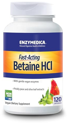 Enzymedica, Betaine HCl, 120 vegane Kapseln, 1300mg Betain HCl, 50 SAPU Acid-Active Protease Blend & 50mg Mucosave® FG je Dosis, Glutenfrei, Sojafrei, GMO frei, Geschmacksneutral