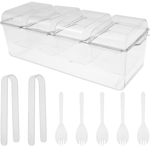 Ice Chilled Condiment Caddy with 4 Containers & Tongs & Forks, Transparent Condiment Server Tray with Separate Lids, Serving Tray Platterfor Salad Bar, Fruit, Pizza, Fruit, Buffets, Party Accessories