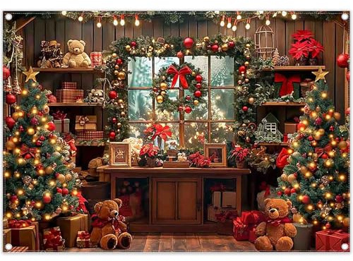 Luminora 2,1 x 1,5 m Hiver Noël Bois Fenêtre Cadeaux Maison Toile de Fond Arbre de Noël Cadeau Support Cadre Photo Fond Anniversaire Baby Shower Décor Fête Photo Bannière