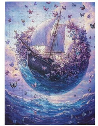 Cafemira Wooden Jigsaw Puzzle 500 Pcs,Floating Floral Sphere Butterflies and Blossoms on Ocean Surface,Creative Activity Hobbies for Adults,Relax &enjoy the fun of solving,Every Piece is Unique