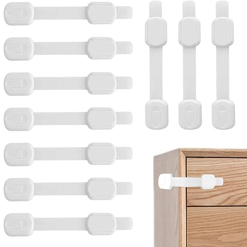 Skythrive 10 Pezzi Sicurezza Cassetti Bambini, Chiusure per Armadietto, Cassetto, Armadio, Frigorifero, Blocca Cassetti con Potente Adesivo Nessun Trapano Necessario, Bianca