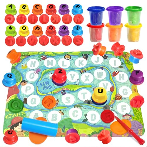 Crelloci Alphabet Stamp Play Color Dough Kit for Kids | Educational Arts & Crafts Set with 26 Letter Stamps, 6 Colour Dough Pots, Tools & Mat | Preschool Montessori Learning Toy Age 3+