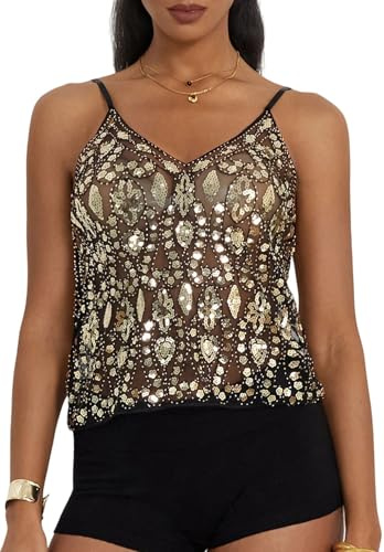 Siyova Canotte da donna con paillettes sexy estive senza maniche spalline sottili crop top con scollo a V slim fit canottiera trasparente per feste club top streetwear, Nero oro, M