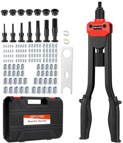 GETLITOOL 16 tum Nitpistol professionell nitång, manuell nitmaskin med 7 st M3 M4 M5 M6 M8 M10 M12 och 120 stycken nitar, med bärväska för hem, verkstad