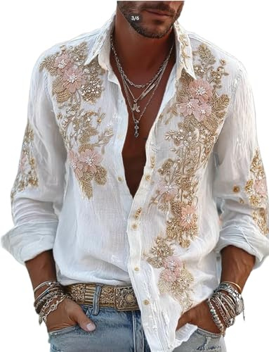 Di Yi Jia1 Chemise Vintage à Motifs Floraux pour Hommes, Chemisier Décontracté à Manches Longues Boutonnées pour La Plage Estivale Et Le Quotidien
