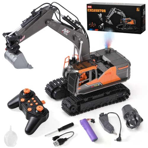 LTFIOON Escavatore RC 3-in-1 Telecomandato con Benna Artiglio e Trivella in Metallo, 2.4GHz 14 Canali | Rotazione 680° | Effetto Vapore ad Acqua, Giocattolo Costruzione Regalo per Bambini 3-12 Anni