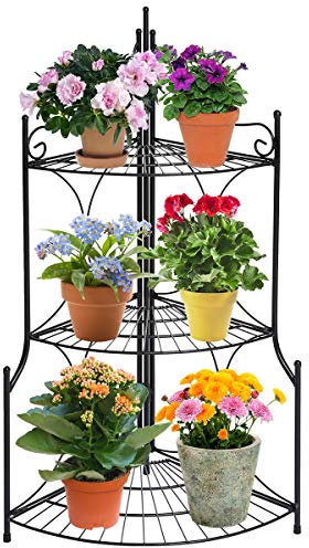 DOEWORKS 3 Etagen Blumentreppe Pflanzentreppe Pflanzenregal Blumenregal Eckregal, rund aus Metall für Wohnzimmer Schlafzimmer, Schwarz