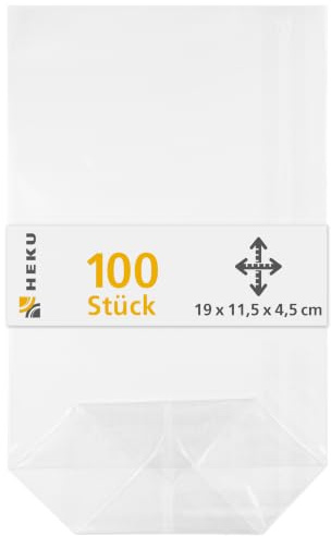 HEKU 30542 : Lot de 100 sacs de fond transparents, fond croisé stable, dimensions 190 x 115 x 45 mm,