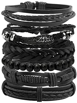 Mafnee Mens Bracelet Braided Leather Bracelet Punk Rock Cuff Bracelets Wrap Bracelet for Men Women Black