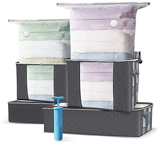 VOUNOT Große Vakuum Aufbewahrungstasche mit Pumpe, 4 Stück Vakuumbeutel, 4 Stück Aufbewahrungstasche mit Griff und Reißverschluss, für Kleidung, Bettdecken, Bettwäsche