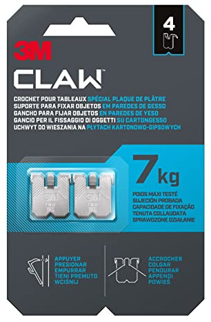 3M CLAW Crochets pour Accrocher des Tableaux sur des murs en plâtre, 4 Crochets - Poids Maxi testé jusqu'à 7 kg - Idéal pour Fixer des Objets lourds, Miroirs, Décoration d'intérieur, sans Outil