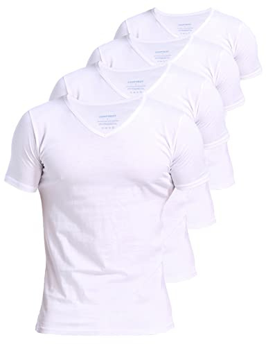 Comfneat Men's 4-Pack Undershirts 100% Cotton Comfy V-Neck T-Shirts (White 4-Pack, L)