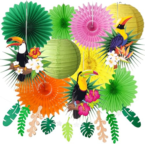 Decorazioni Festa Hawaii e Giungla: Kit Compleanno Tropicale con Tucano, Ghirlanda di Foglie, Lanterne e Ventagli di Carta - Addobbi per Pool Party, Festa in Giardino, Luau Tiki e Compleanno Bambini