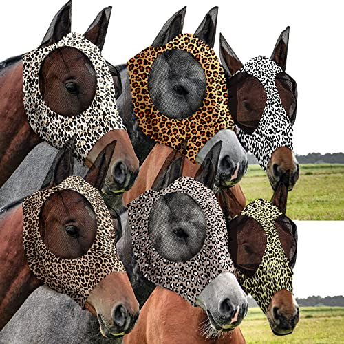 Chunful 6 Pcs Horse Fly Masks with Ears Smooth and Comfortable Mesh Fly Mask Elasticity Breathability UV Protection Horse Face Covering for Riding Supplies(Leopard,Large)
