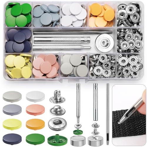 Ysimple 80 Sets Druckknopf Set, 8 Farben Druckknöpfe Ohne Nähen mit 4 Fixierwerkzeug Kit, Farbig Kupfer Druckknöpfe Metall Ohne Nähen für Leder Handwerk, Jacke, DIY Kleidung