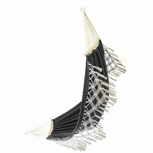 Double Bar Anti-Rollover Wooden Pole Foldable Hammock with Tassels Black Color 59 x 78.7 Inch Canvas Hammock for Outdoor Patios Camping Trips and Indoor Use