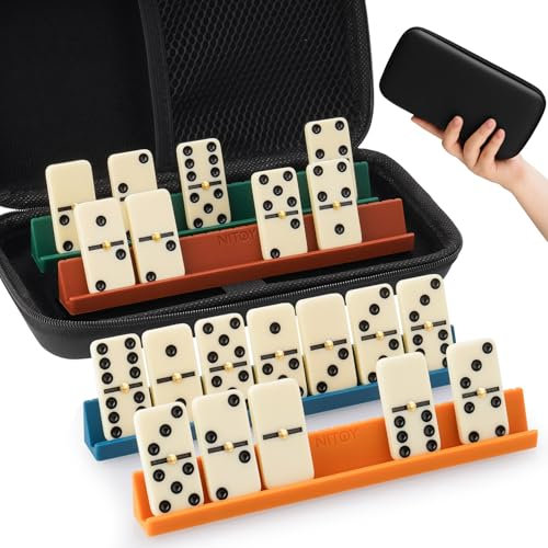 Domino Set für Erwachsene, Double 6 Dominosteine mit 28 Steinen (4 x 2 x 0,5 cm) und 4 Silikon-Dominohaltern (16 x 1,7 x 1,8 cm), Klassisches Brettspiel mit Tragetasche für Familienspiele und Reisen