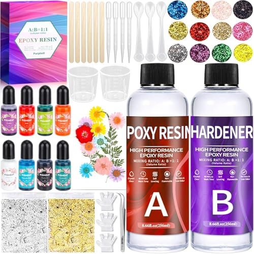 Purpledi Epoxidharz Set Anfänger 510ml, 1:1 Verhältnis Glasklar Resin harz Gießen Set Mit Epoxidharz Zubehör, Glitzer, Holzstäbchen, Messbecher, für Kunstprojekt, Schmuckherstellung, Handwerk