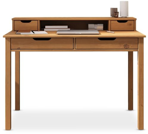 IDIMEX Schreibtisch Raul mit 4 Schubladen aus Massivholz, Eiche Farben - Bürotisch mit Stauraum und Nische, Home-Office-Schreibtisch, PC-Tisch mit Aufsatz
