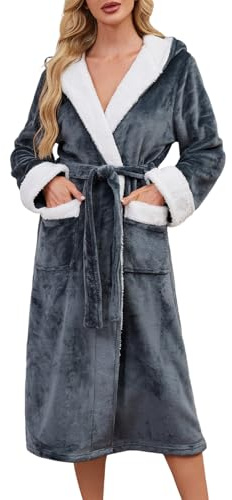 Niwicee Peignoir Femme Hiver Polaire Capuche - Robe de Chambre Élégante et Chaude en Peluche Douce avec Ceinture et Poches - pour Sortie de Bain, Maison, Noël