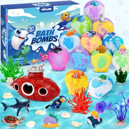 Bath Bombs for Kids 12pcs Gift Set Shell Bath Bombs with Toys Inside Sea Ocean Animal Toys Pretend Play Kids Water Shower Toys Bubble Bombs Toddler Bath Toys Birthday Christmas Gifts for Girl and Boy