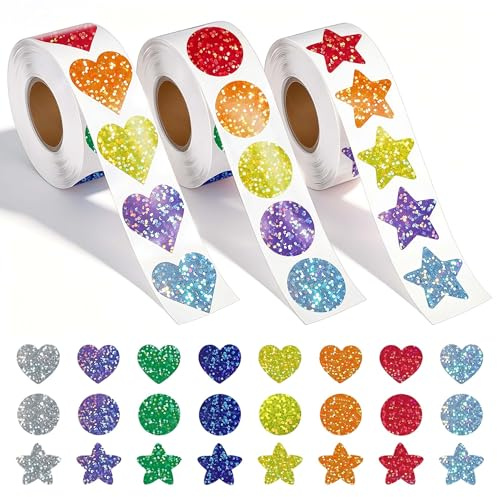 ZSSZD 1500Pcs Glitter Reward Stickers, Shiny Star Stickers, Love Heart Sticker, 2.5CM Self-Adhesive Round Dot Roll Sealing Circle Labels for Kids Teachers Gift Birthday Valentine Envelopes