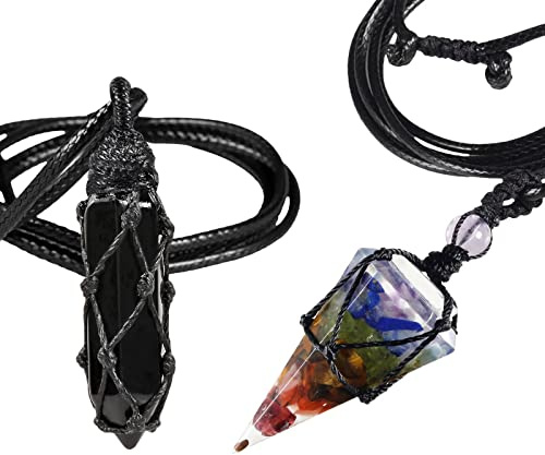 WBYSFR Svart lindad stenstavshängehalsband + Färgglad Chakra Dowsing Divination Pendel, med justerbar sladd