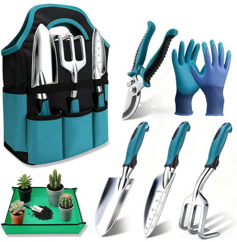 Juego de Herramientas de jardinería 7PC, Kit de jardineria Bolsa de Jardín con Bolsa de sujeción Resistente, Juego de Herramientas de Mano de jardín, Regalos de Jardinería para Mujeres y Hombres