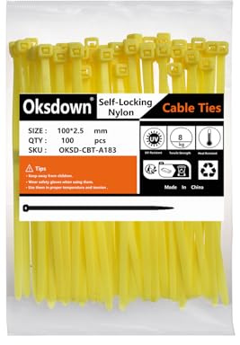 Oksdown 100 Pack Yellow Plastic Cable Ties 100mm×2.5mm Small Nylon Premium Self Locking 4 inch/10 cm Long Zip Tie Wraps
