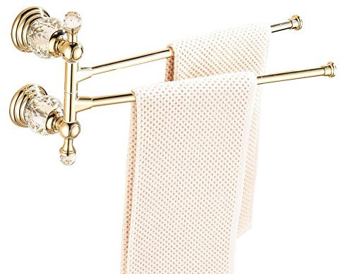 CASEWIND Handtuchhalter Gold, Drehbare Handtuchstange Kristall, Handtuchrack Zweiarmig Wandmontage mit Bohren für Badezimmer
